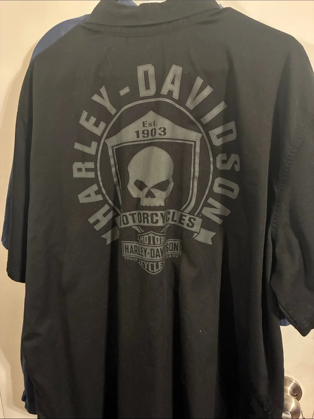 Harley-Davidson Navy Short-Sleeve Button-Up Shirt with Script and Shield Patch
